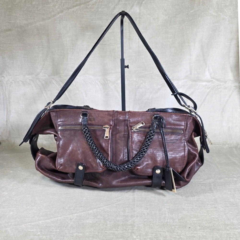 Gryson Joy Brown Black Leather Satchel Bag Made in Italy Moto Cargo Large